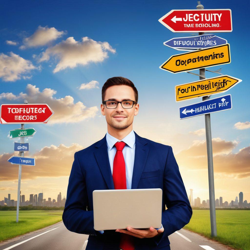 A confident job seeker standing at a crossroads with multiple direction signs labeled with various job titles and industries. The background features a bright skyline symbolizing opportunity, while a checklist and a laptop are seen in hand for job hunting tips. The scene conveys determination and a positive outlook. vibrant colors. super-realistic. with elements of modernity.