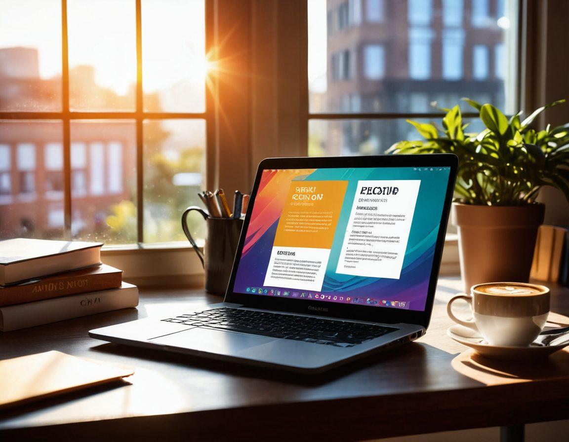 A creative workspace with an open laptop displaying a polished CV on the screen, surrounded by inspiring books and motivational quotes. A coffee mug sits beside it, reflecting ambition and focus. Bright sunlight streams through a window, symbolizing opportunities. The overall atmosphere is encouraging and dynamic. modern vector art. vibrant colors.