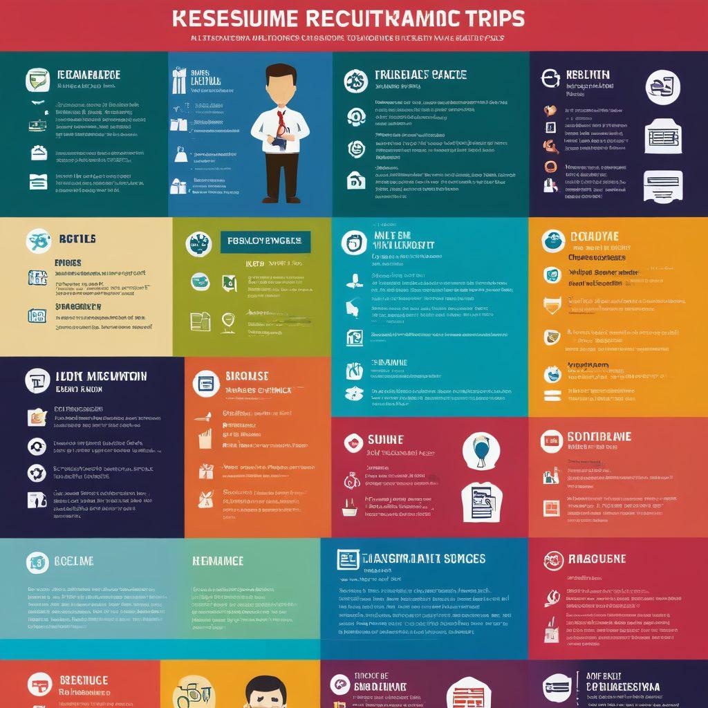 A visually engaging infographic showcasing 10 essential resume writing tips, with each tip represented by a unique icon or illustration. Include elements such as a smartly dressed person reviewing a resume, a checklist, and colorful graphics that indicate success in job applications. The background should be subtle but professional, enhancing the focus on the tips. modern infographic style. vibrant colors. clean layout.